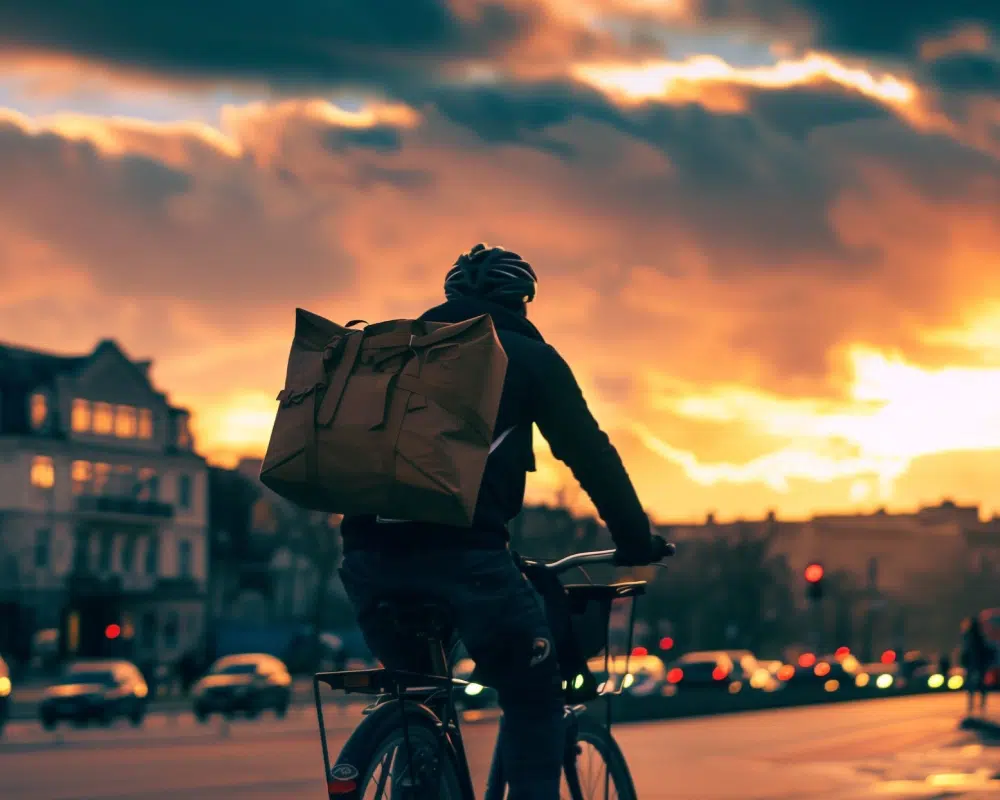Cycliste avec sac à dos au coucher du soleil
